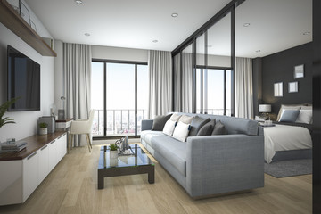 3d rendering modern minimal wood living room and bedroom in apartment