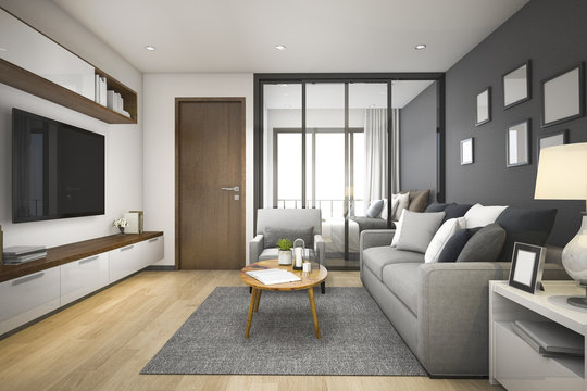 3d rendering modern minimal wood living room and bedroom in apartment