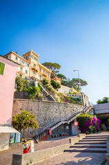 Fototapeta na wymiar Narrow streets and traditional buildings of Celle Ligure, Liguria, Italy