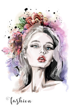Stylish composition with hand drawn beautiful young woman portrait, flowers and watercolor blots. Fashion illustration. Sketch.