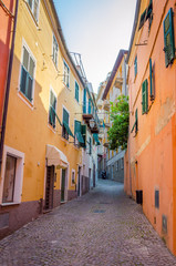 Obraz na płótnie Canvas Narrow streets and traditional buildings of Celle Ligure, Liguria, Italy