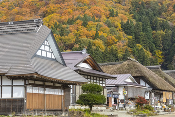 FUKUSHIMA, Japan - NOV 01, 2017: Ouchijuku village is a fomer post town along the Aizu-Nishi Kaido trade route, which connected Aizu with Nikko during the Edo period