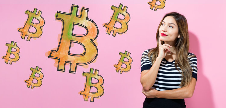 Bitcoin with young woman in a thoughtful pose