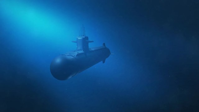 Modern Military Submarine passes by the camera in the ocean