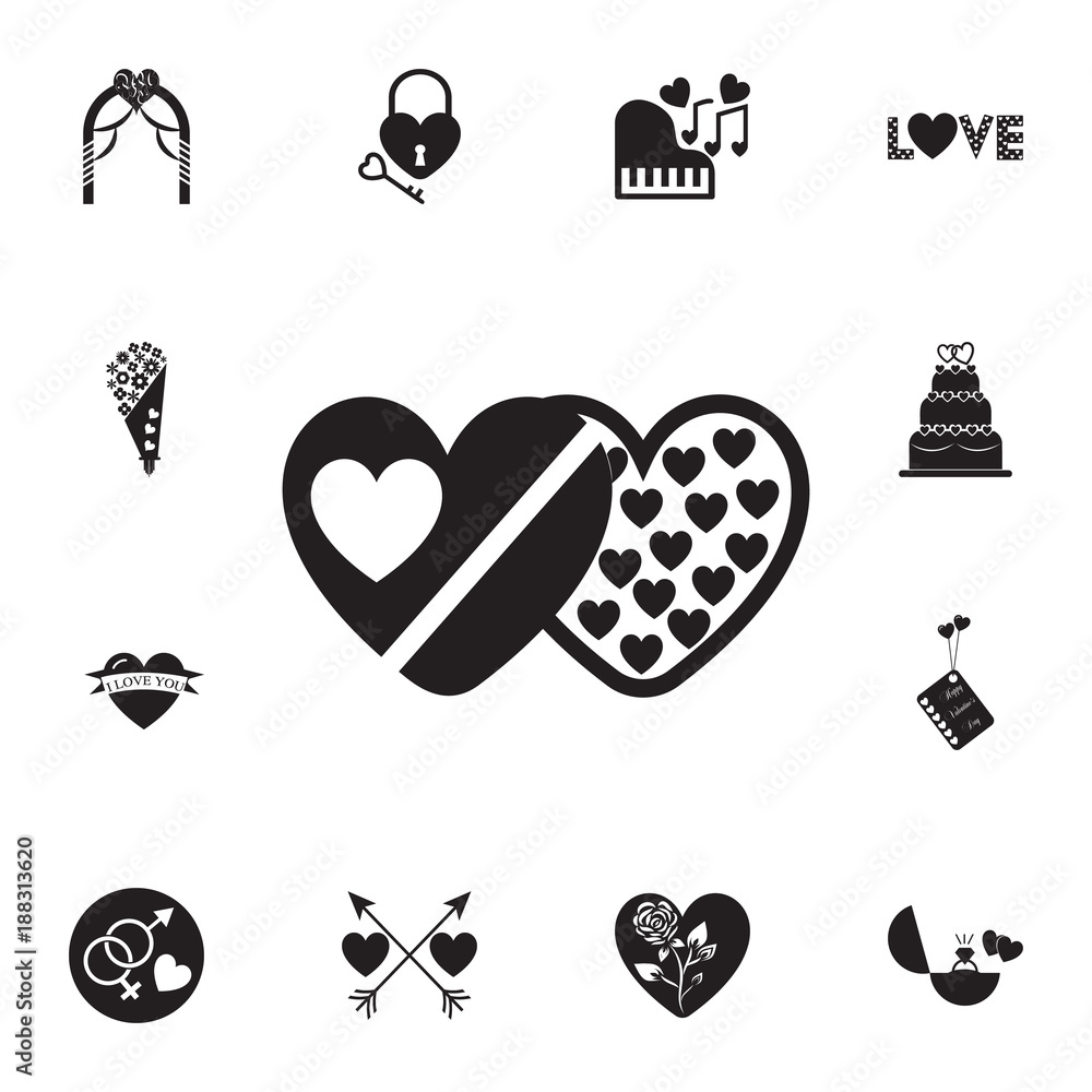 Poster box of chocolates in the shape of heart icon. set of valentine's day elements icon. photo camera qua