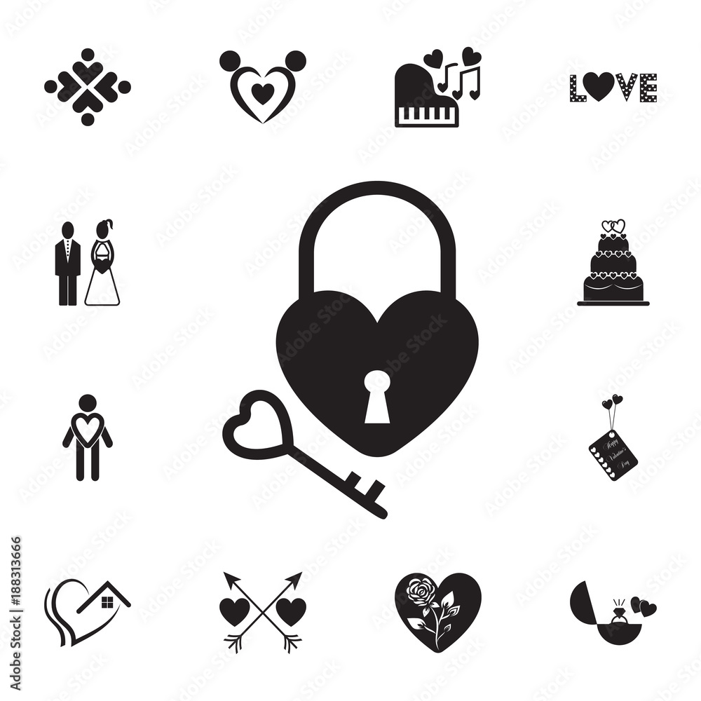 Poster key and lock in the shape of a heart icon. set of valentine's day elements icon. photo camera qualit
