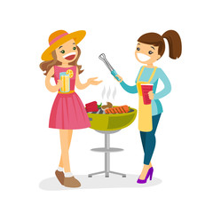 Two young happy caucasian white women cooking vegetables on the barbecue grill and drinking alcohol at vegetarian outdoor barbecue party. Vector cartoon illustration isolated on white background.