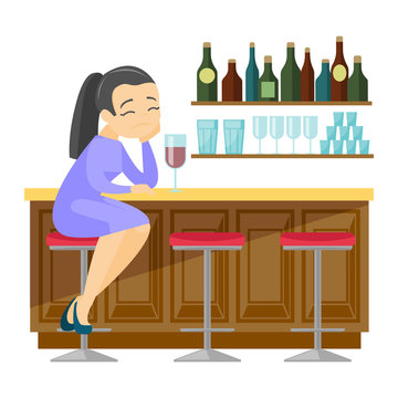 Depressed caucasian white woman sitting at the bar counter and drinking red wine. Young woman in depression sitting in the bar with wine. Vector cartoon illustration isolated on white background.