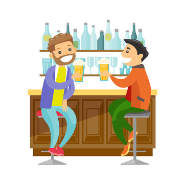 Two young happy caucasian white men drinking beer at the bar counter and clinking glasses. Cheerful male friends relaxing with beer in the pub. Vector cartoon illustration isolated on white background