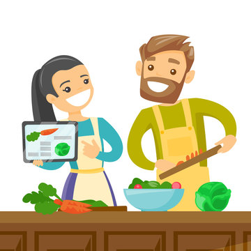 Caucasian white couple following a vegetable meal recipe on tablet and cooking meal together. Couple looking for a recipe in a digital tablet. Vector cartoon illustration isolated on white background.