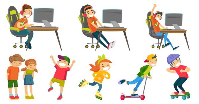 Caucasian white girls and boys set. Teenage kids playing video game on a computer, riding a skateboard, kick scooter, roller skates. Set of vector cartoon illustrations isolated on white background.