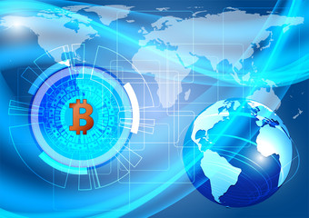 Blue background with Bitcoin digital currency and earth. vector illustration technology concept (NASA)