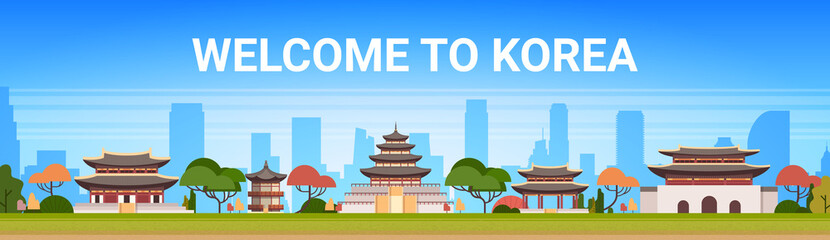 Welcome To Korea Poster Traditional Palace Landscape South Korean Temples Over Mountains Background Famous Asian Landmark View Horizontal Banner Flat Vector Illustration