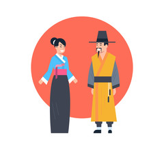 Asian Couple Wearing Ancient Costume Isolated Asian Dress Collection Korea Traditional Clothes Concept Flat Vector Illustration