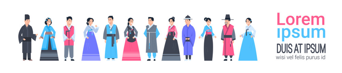 Group Of Asian People In Traditional Clothes Women And Men Dressed In Ancient Costumes Horizontal Banner With Copy Space Flat Vector Illustration
