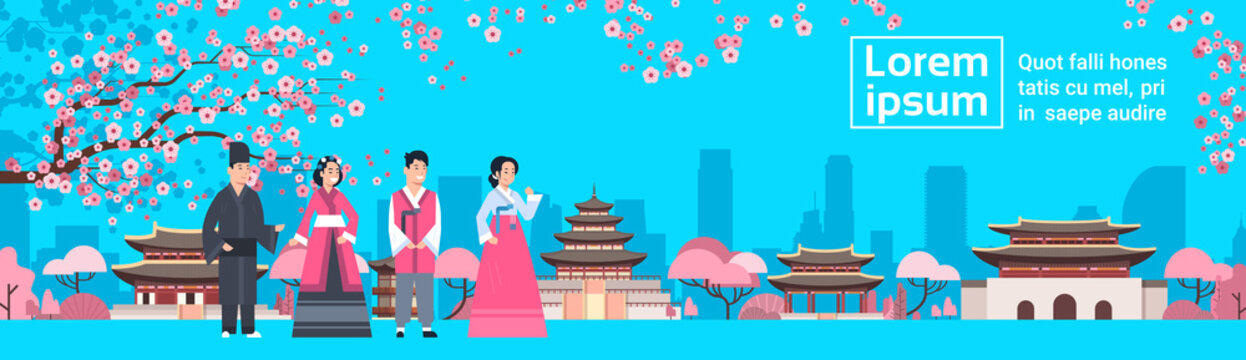 Korea People In Traditional Costumes Over Palace Landscape Sakura Trees South Korean Famous Landmark View Flat Vector Illustration