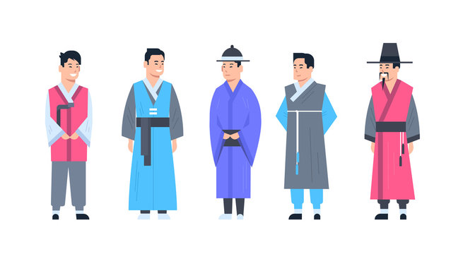 Korea Traditional Clothes Set Of Men Wearing Ancient Costume Isolated Asian Dress Concept Flat Vector Illustration