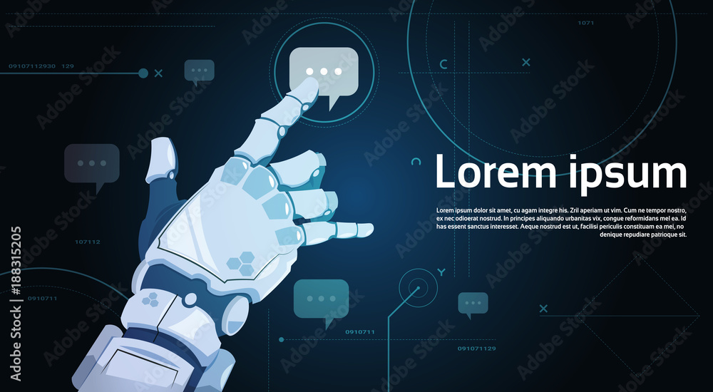 Poster robotic hand touch chat bubble icon robots communication and artificial intelligence concept flat ve