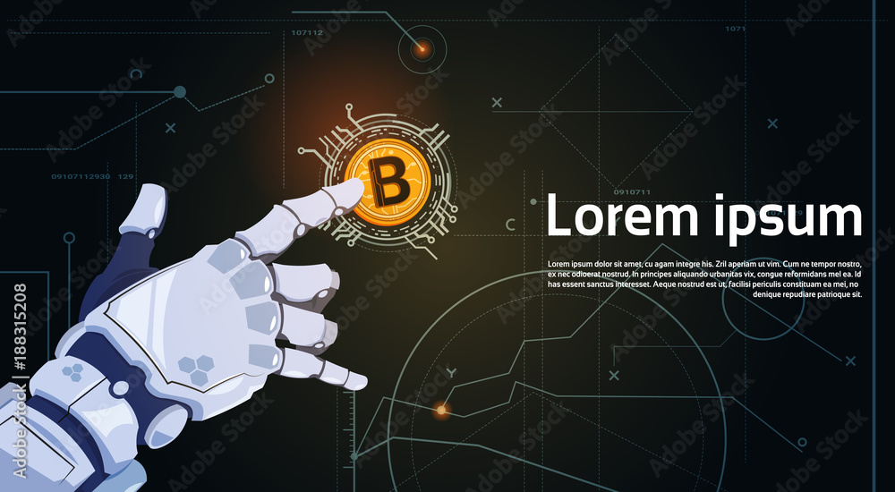 Poster bitcoins crypto currency concept robot hand touching golden bit coin digital web money mining techno