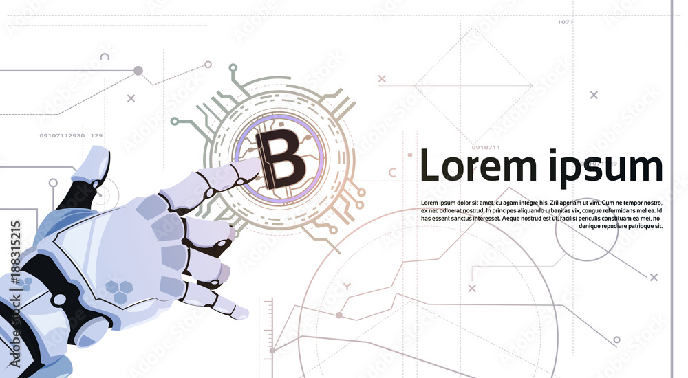 Poster bitcoins crypto currency concept robot hand touching golden bit coin digital web money mining techno