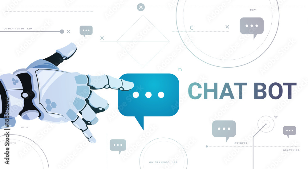 Poster chatter service app concept robot hand touch chat bubble template banner with copy space, chatterbot