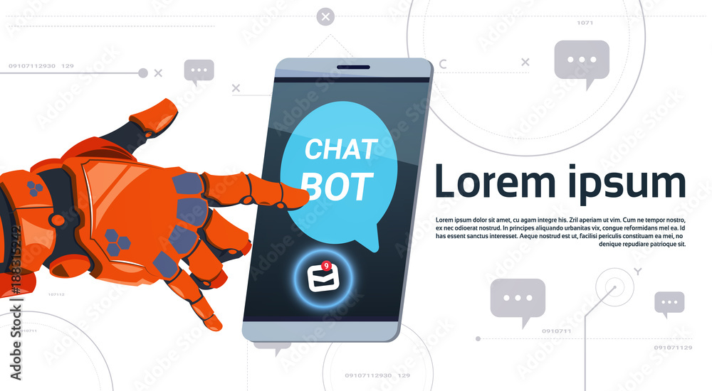 Poster chat bot service app concept robot hand touch smart phone template banner with copy space, chatterbo
