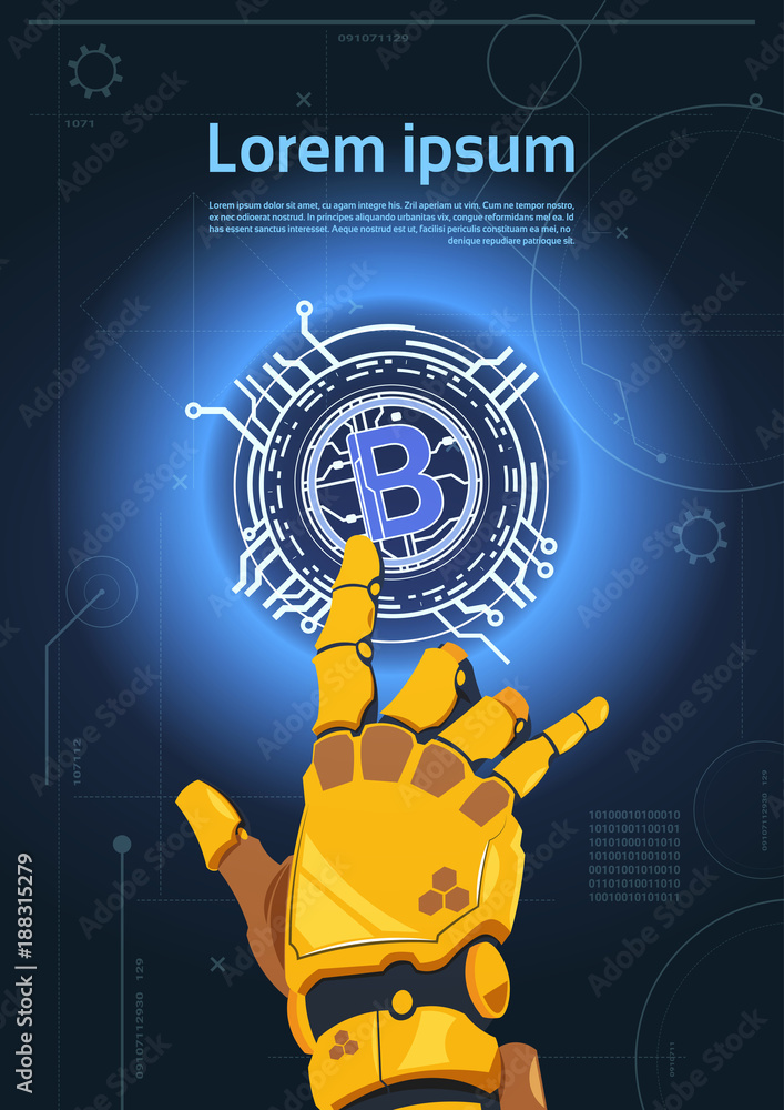 Poster bitcoins crypto currency concept robot hand touching bit coin digital web money mining technology fl