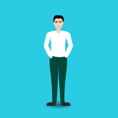 Young Man Korean Wearing Casual Clothes Standing Full Length Isolated On Blue Background Flat Vector Illustration