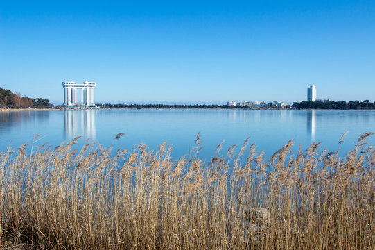 Idyllic frozen lake of Gyeongpo, Gangneung, Pyeongchang in South Korea