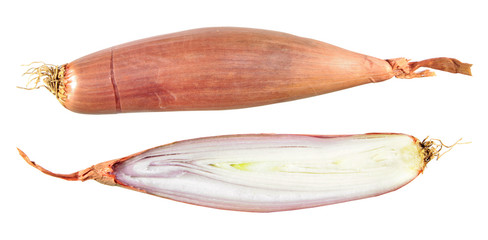 Unpeeled and cut in half Shallot onion bulb isolated on white background © kazakovmaksim