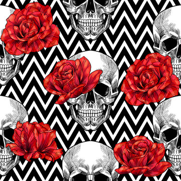 Skull and red roses on a geometric background. Vector seamless pattern