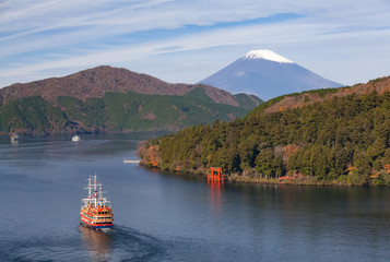 Beautiful Lake ashi and mt. Fuji in autumn season
