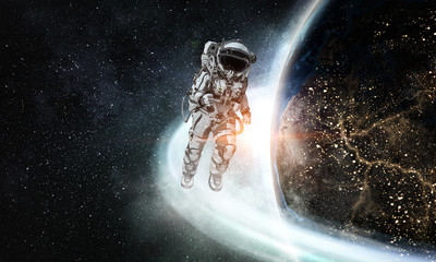 Spaceman running fast. Mixed media