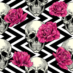 Skull and pink roses on a geometric background.  Vector seamless pattern