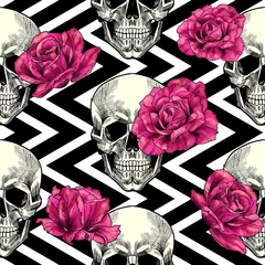 Fotobehang Doodshoofd met bloemen Schedel en roze rozen op een geometrische achtergrond. Vector naadloos patroon