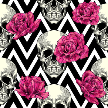 Skull and pink roses on a geometric background.  Vector seamless pattern