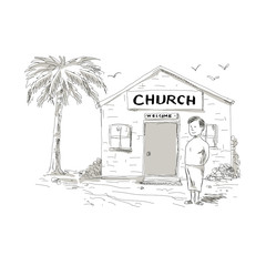 Samoan Boy Stand By Church Cartoon