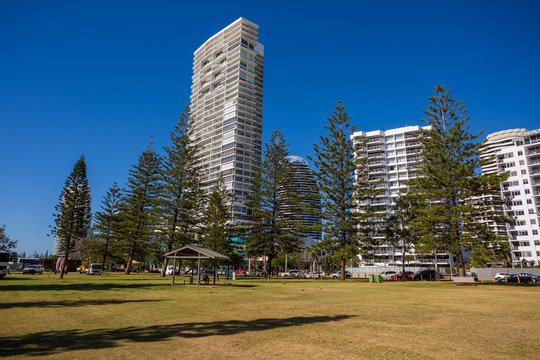 Gold Coast, Queensland/Australia - 15 January 2018: View of high rise buildings from Kurrawa Park in Broadbeach on the Gold Coast, Australia.