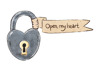 Romantic Valentines day lettering. Hand written padlock and Open my heart on the ribbon. Vector illustration.