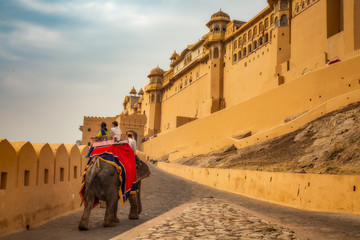 Amer Fort Jaipur tourists enjoy elephant ride.