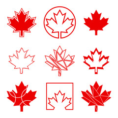 A set of nine unique maple leaf designs. These custom Canadian graphics are available in vector format.