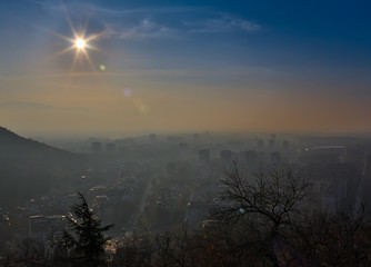 Big city in misty sunrise, Plovdiv, Bulgaria