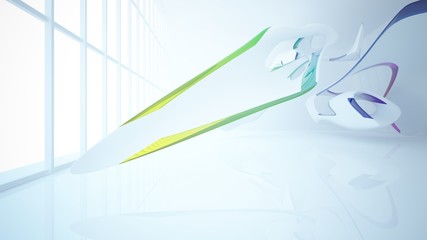 Fototapeta premium Abstract white and colored gradient glasses interior with window. 3D illustration and rendering.