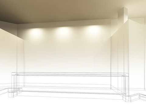 sketch design of counter bar ,3dwire frame render