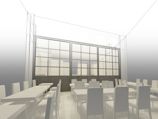 sketch design of resturant ,3d wire frame render