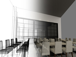 sketch design of resturant ,3d wire frame render