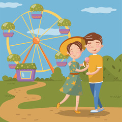 Obraz na płótnie Canvas Couple in love hugging while walking, happy young man and woman in front of ferris wheel in amusement park vector Illustration