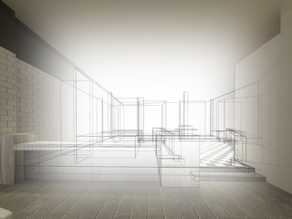 sketch design of resturant ,3d wire frame render