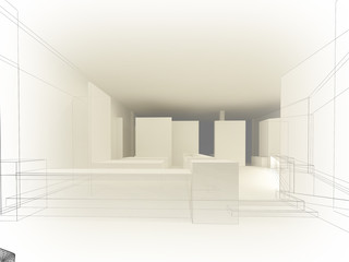 sketch design of resturant ,3d wire frame render