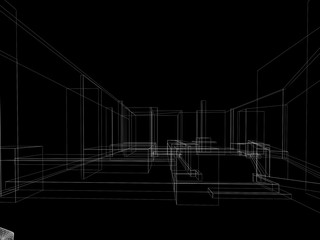 sketch design of resturant ,3d wire frame render